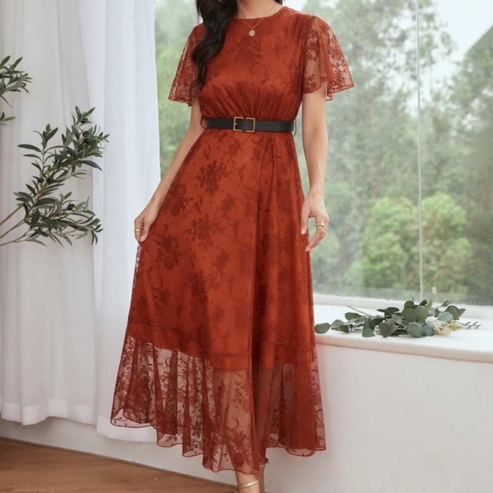 Burnt Orange Floral Lace Dress